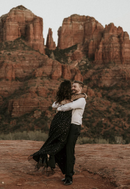 Sarah Hall Photography, Couples Photo's, Colorado Photographer, Sedona Arizona Engagement Photographer, Travel Photographer, Phoenix Arizona Photographer, Adventure Photographer, Cathedral Rock Sedona Arizona, Sedona Photoshoot, Engagement, what to wear for couples pictures, dreamy black star dress dessert photoshoot, red rock, true love, creative couples pictures, candid photos, Grand Junction Photographer, Destination Photographer 